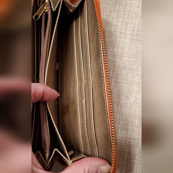 Anne Klein zippered wallet, orange with gold zippers and embellishment lock. - Picture 9 of 15